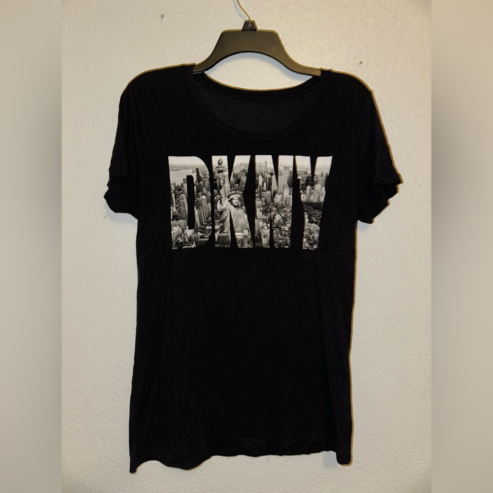 DKNY Black Tee with NYC Cityscape Graphic